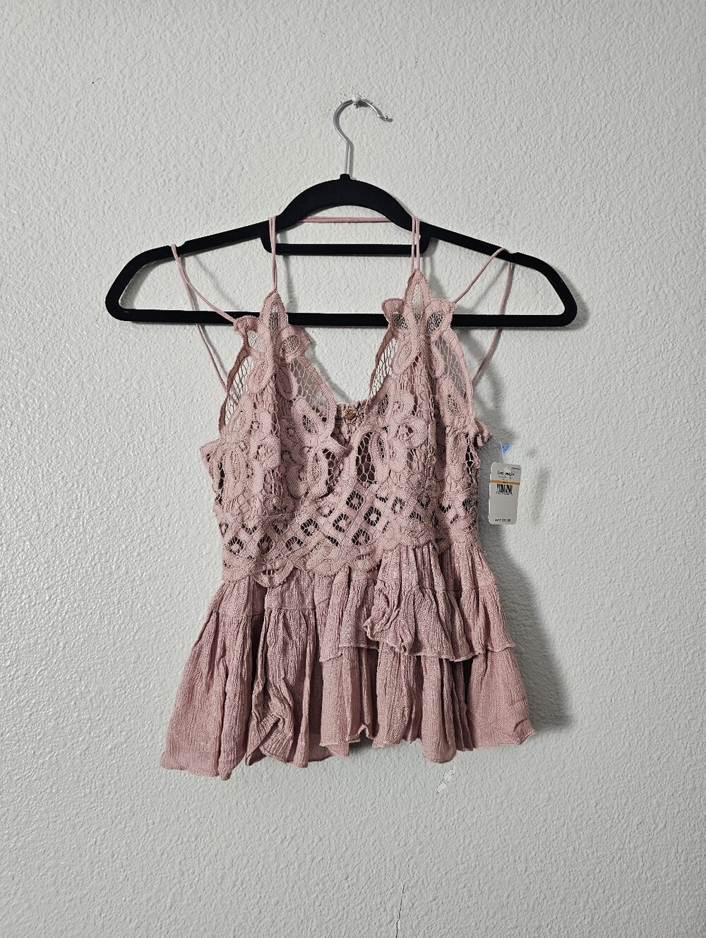 Nwt Free People Lace Crochet Pink Spaghetti-Strap Women's Top Adella Tank Sz S